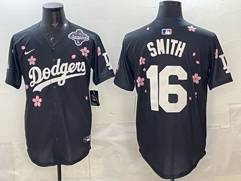 Men Los Angeles Dodgers #16 Smith Black Sakura Edition 2025 Nike MLB Jersey style 8
